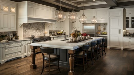 Luxury Kitchen With Large Island and Dark Wood Floors