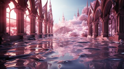 Pink surrealism fantasy landscape with floating pink castle and pink water