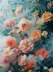 A beautiful bouquet of pink and orange flowers with a smoky background