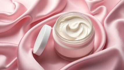 pink silk satin fabric background with cream lotion on container jar pot for skincare ad beauty product concept from Generative AI