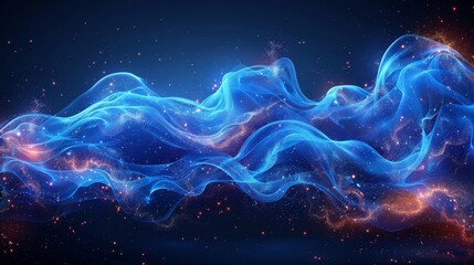 The illustration is composed of abstract glowing flowing wavy lines on a dark blue background. The design of the wave is dynamic and dynamic. The lines are shiny blue moving lines, futuristic