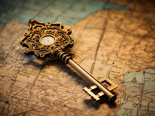An ornate vintage key rests on an antique world map, symbolizing discovery, travel, and unlocking the mysteries of history.