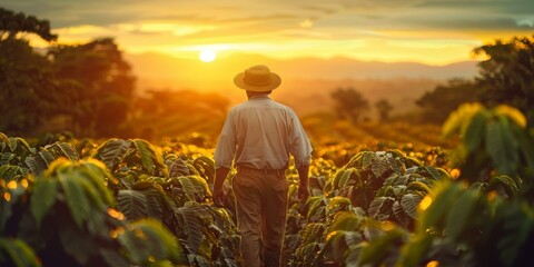 A farmer walks through a coffee plantation at sunset