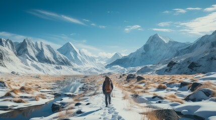 A lone hiker traverses a snowy mountain landscape with a backpack - obrazy, fototapety, plakaty