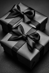 Two black gift boxes with black ribbons