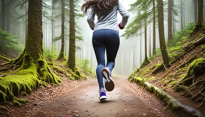 A girl runs along a forest path. Close-up of the leg. Rear view. 