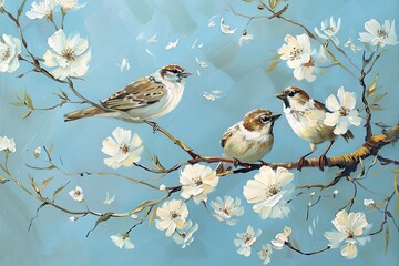 Two Birds in White Blossoms - Nature-Inspired Oil Painting on Blue Background