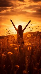girl raising her hands in a field of flowers at sunset