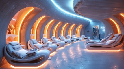 Ultra-modern, ergonomic spa chairs lined up in a luminous, high-tech relaxation room designed for futuristic comfort.