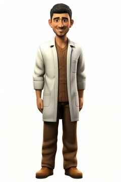A male doctor of Middle Eastern descent wearing a lab coat and brown pants