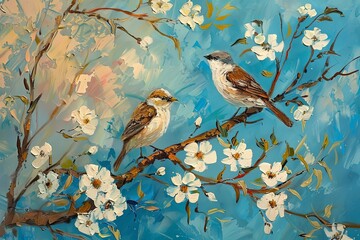 Two Birds on Tree Branch Among White Flowers Vertical Oil Painting