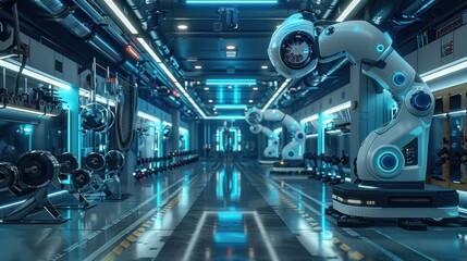 Robotic arms working seamlessly on an automated production line in a futuristic factory setting with blue neon lighting.