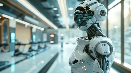 Fototapeta premium A robotic receptionist equipped with advanced sensors greets visitors in the sleek and modern lobby of a corporate building.
