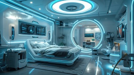 A state-of-the-art bedroom in a futuristic home with integrated technology, smart furniture, and ambient lighting.