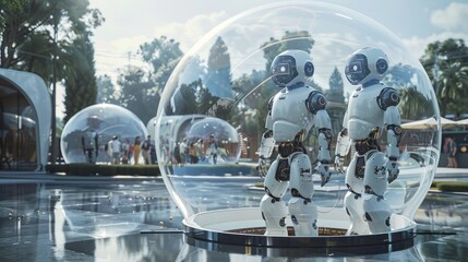 Futuristic robots showcased in transparent bubbles at a public exhibition, inviting curiosity and interaction.