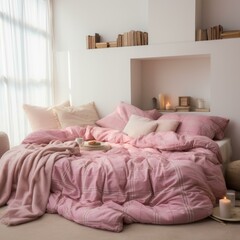 A cozy pink and white bedroom with a large bed, books, and candles