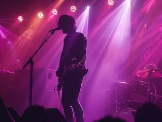 Rock musician performing live on stage with pink lights