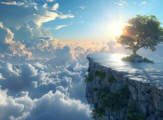 fantasy landscape with a tree on a cliff overlooking the clouds