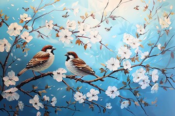 Two Birds among White Flowers on Tree Branch: Autumn Sparrows in Morning Light Oil Painting