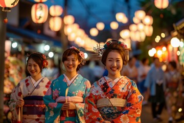 Three Japanese women wearing traditional kimono at a festival