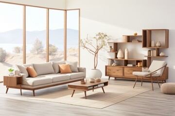 Modern living room interior with sofa, coffee table, rug, and bookshelf