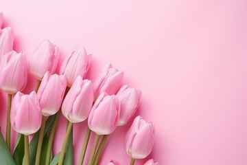 A beautiful bouquet of pink tulips on a pink background