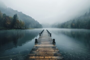 Fototapeta premium Wooden dock extending out into a foggy lake with trees on the shore