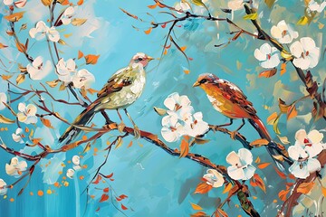 Autumn Serenade: Vibrant Birds on Tree & White Flowers Vertical Oil Painting