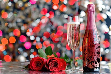 Romantic Celebration with Sparkling Wine and Red Rose