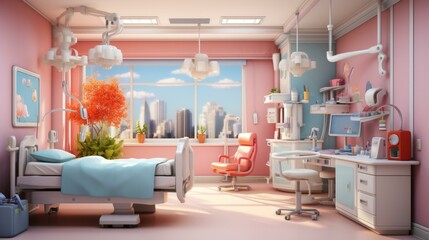 A serene and inviting hospital room with a large window looking out onto a cityscape