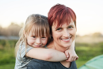 Piggyback, girl and portrait with mother at countryside for summer travel, vacation and journey on...