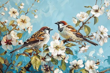 Fototapeta premium Two Birds Morning Light Oil Painting - White Flowers Blue Background Wall Art Print