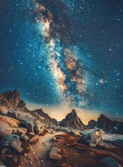 The Milky Way stretches across the sky above a rocky mountain landscape