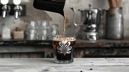 Barista Pouring Coffee in Cosy Cafe Setting - obrazy, fototapety, plakaty