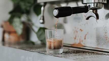 Modern Coffee Machine Pouring Espresso into Cup - obrazy, fototapety, plakaty