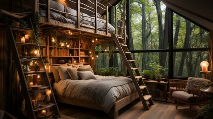 A cozy bedroom with a lofted bed and a view of the forest