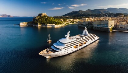 Fototapeta premium Aerial view of Large private motor yacht opera at sea in Corfu town, Greece