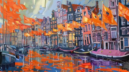 Dutch King's Day flags, a sea of orange against Amsterdam's canal houses, paint