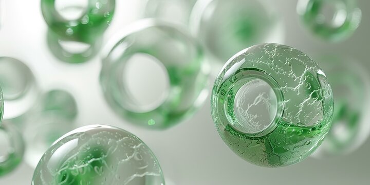 Green glass beads floating in a white background
