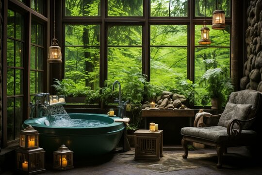 Tranquil forest house with bathtub and lush greenery