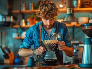 Focused barista making pour over coffee