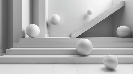 3D rendering of a white minimalist room with stairs and floating spheres