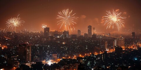 Fireworks light up the night sky over a city during Diwali