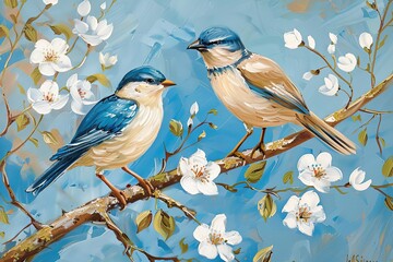 Blue and Beige Birds on Tree Branch - Vertical Oil Painting Printable with White Flowers