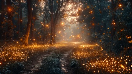An enchanting scene of fireflies illuminating the darkness of a forest clearing, their bioluminescent glow casting an otherworldly ambiance that - obrazy, fototapety, plakaty