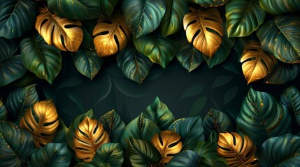 Gold and green seamless background modern. Golden split-leaf Philodendron plant with plant line arts, Nature seamless pattern.