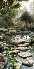 Stepping stones in a Japanese garden with a pond
