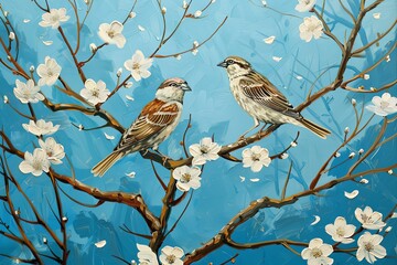Two Birds Amidst White Blossoms: Serene Morning in the Forest - Vertical Oil Painting