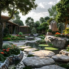 Stepping Stones in a Landscaped Garden with a Waterfall and a Koi Pond