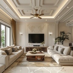 Ornate living room with two sofas, a coffee table, and a TV - obrazy, fototapety, plakaty